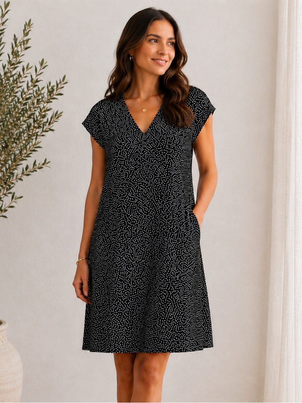Gap Black White Polka Dot V Neck Pocket Shift Tunic Dress Size Small NWT